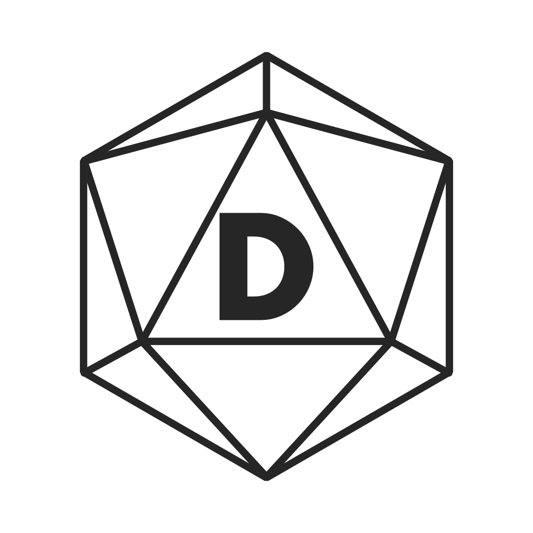 The letter D inside the wireframe of a d20 dice